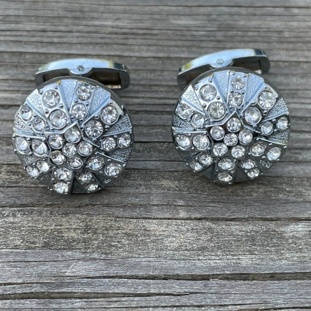 Cuff Links Men Shirt Crystal Accent Studd Cufflink Silver Tone Cuff link - Picture 4 of 12